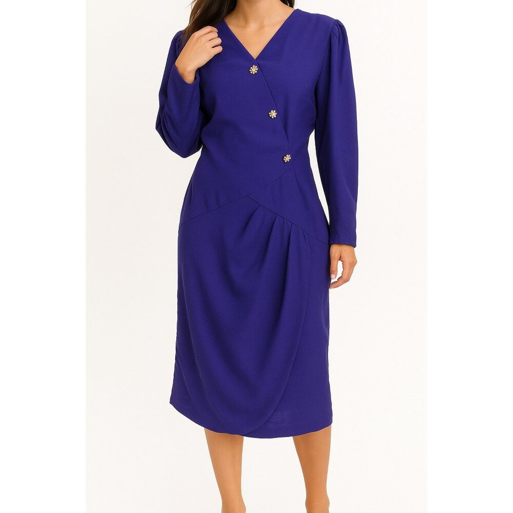 Vintage 80s 90s Purple Formal Gown Dress V-Neck Ruched Draped Rhinestone Sz 13